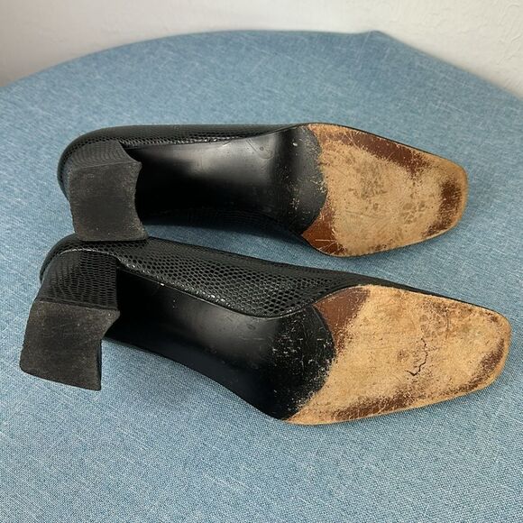 Stuart Weitzman Black Snakeskin Embossed Square Toe Block Heeled Slip On Pumps - Picture 7 of 11